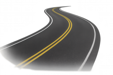 Winding asphalt road with double yellow lines, showing a path forward, journey, and transportation on transparent background