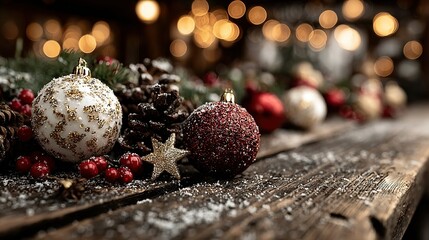 Christmas ornaments pine cones and red berries on a rustic wooden surface.