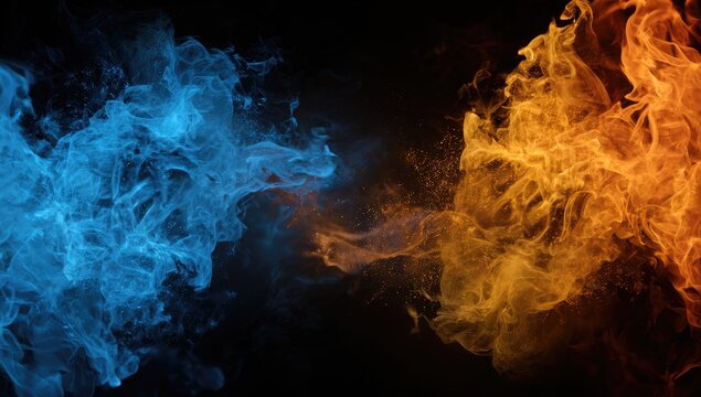 Abstract fiery forms of blue and orange smoke billow from opposing sides on black