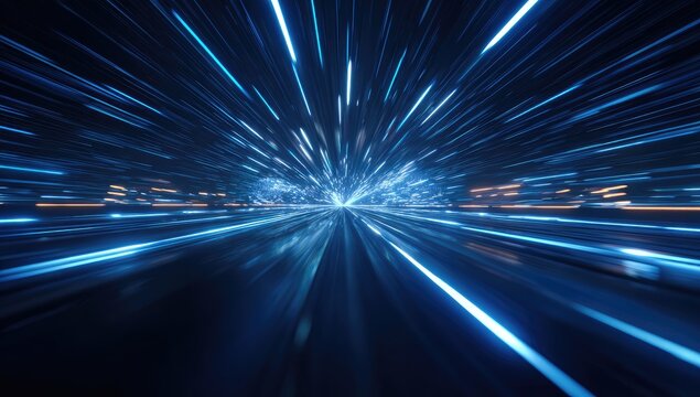 Abstract blue streaks of light converge towards a bright point, like traveling at lightspeed