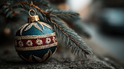 Christmas ornament hangs on a pine branch festive holiday season decoration.