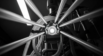 Obraz premium Monochromatic depiction of complex mechanical structure with central illumination in darkness