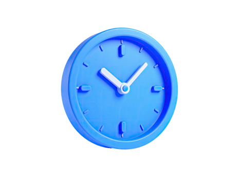 A stylized blue clock, rendered in 3D against a black background