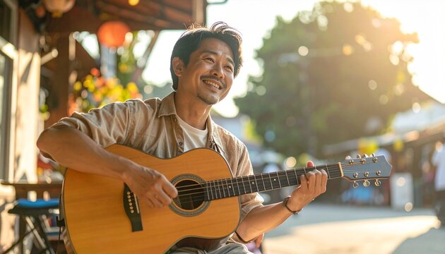 Smiling man playing acoustic guitar under warm sunlight in a peaceful outdoor setting.