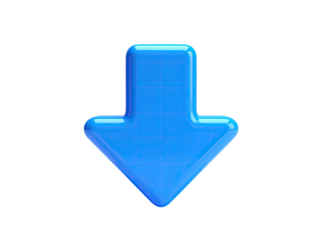Bright blue, 3D arrow points downwards against a stark black background