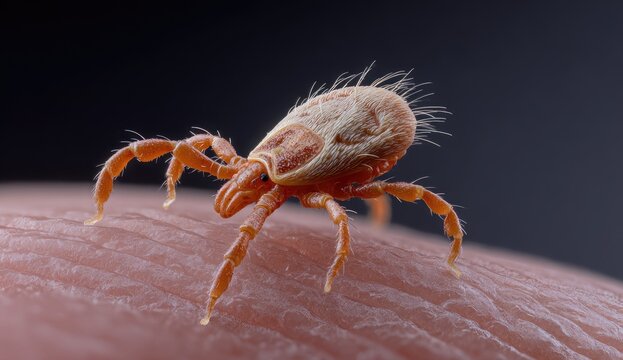 A close-up of a tiny, orange arachnid with bristly hairs crawling on human skin, dark background