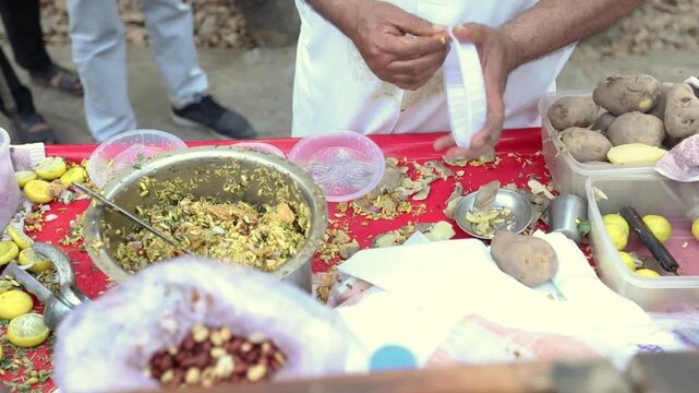 Spicy Indian snack Bhel puri. Quick Indian street food.