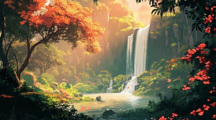 Tropical forest waterfall with lush green trees and jungle adventure scene
