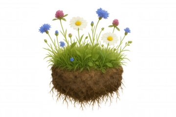 Floating island of grass with daisies, cornflowers, and clover, showing soil and roots on a transparent background