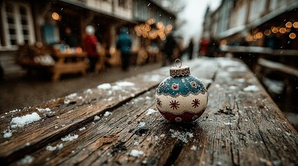 Christmas ornament on wooden surface with snow in outdoor market setting.