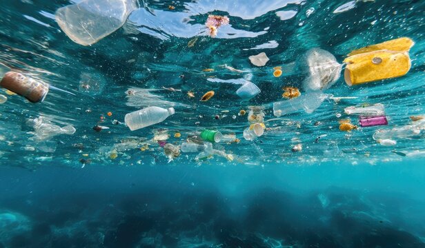 Underwater view of floating trash & plastic debris, clouding the water's surface