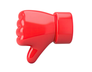 Glossy, crimson 3D hand gesture showing thumb down against a black background