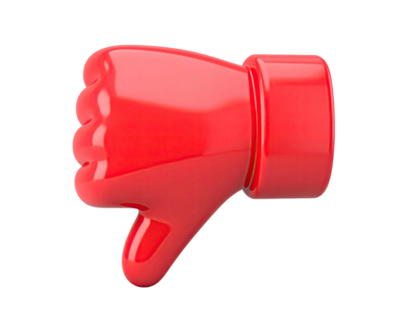 Glossy, crimson 3D hand gesture showing thumb down against a black background
