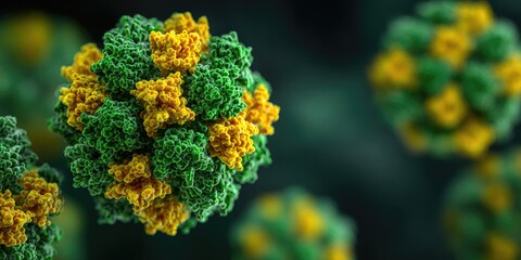 Detailed close-up of a virus structure, spherical with yellow and green segments, blurred background