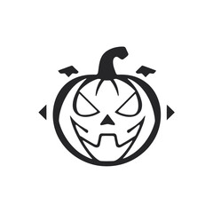 A stylized, black and white graphic of a carved pumpkin with an angry face, flanked by geometric shapes.