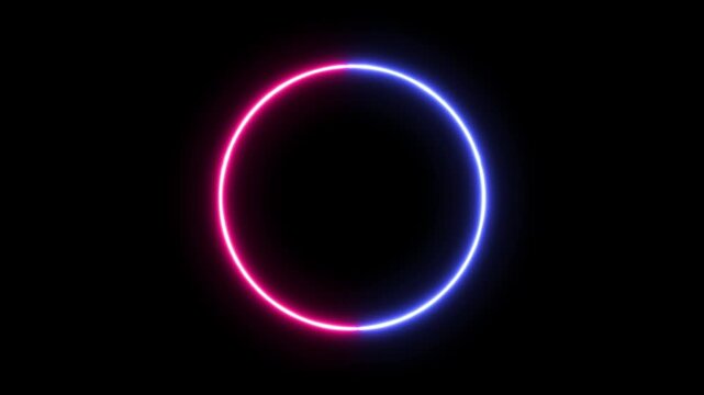 Seamless looping round circle picture frame with two tone neon color shade motion graphic on isolated black background. Blue and pink light moving for