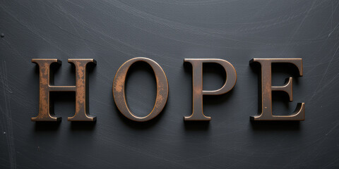 Rustic bronze metal letters forming the word HOPE on dark background, minimalist typography with moody inspirational lighting.
