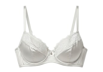 A white satin bra with delicate lace trim adjustable straps and a small bow with a charm at the center presented on a plain background