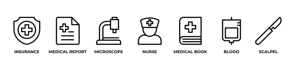 The Science and Care Behind Medicine Icons set vector illustration outline with INSURANCE, MEDICAL REPORT, MICROSCOPE, NURSE, MEDICAL BOOK, BLOOD,SCALPEL