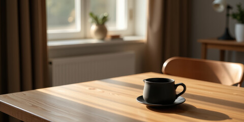 Minimalist matte black teapot cup on wooden table with warm sunlight and cozy mood