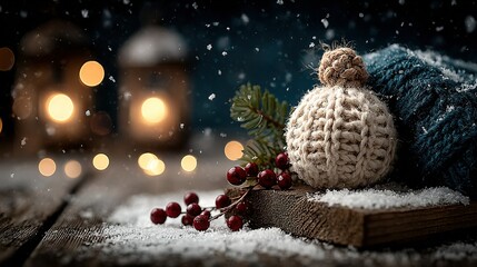 Winter scene with knitted ornament berries and snow on a wooden surface.
