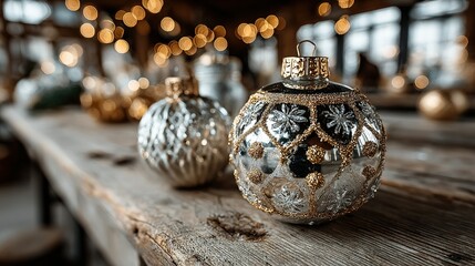 Two christmas ornaments sit on a weathered wooden surface with blurred background lights.