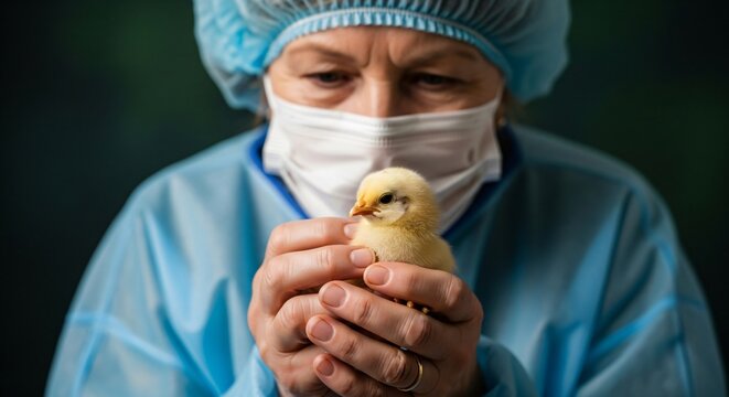 Veterinarian carefully holds tiny chick in sterile lab environment
