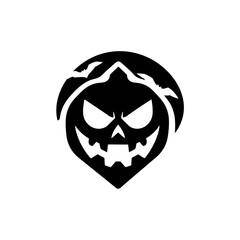 Black silhouette of a spooky pumpkin face with bats, set against a circular backdrop.