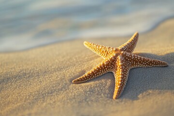A beautiful starfish resting on the sandy beach in sunlight