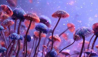Whimsical fantasy scene of glowing, colorful mushrooms with bokeh in a violet-tinged atmosphere