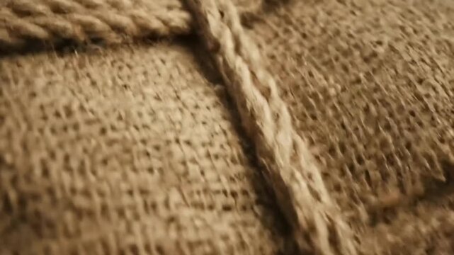 Close Up View of Burlap Sack with Rope Texture and Natural Brown Tones Ideal for Agriculture Logistics and Packaging Backgrounds Highlighting Rustic and Organic Elements for Design Projects