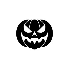 Black silhouette of a carved pumpkin with a scary face, typical for Halloween celebrations.