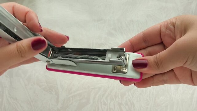 Woman inserting metal staples into stapler
