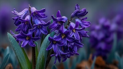 Close up of purple hyacinth flowers with green leaves in soft focus.