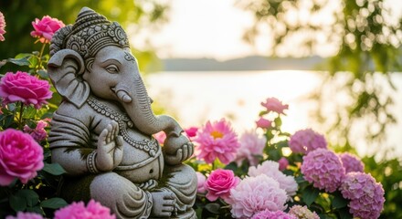 Lord Ganesha statue among vibrant pink flowers at sunset by a calm lake. Religious Hindu deity for spiritual prayer, meditation, and Indian holiday celebrations for banner, poster or card.