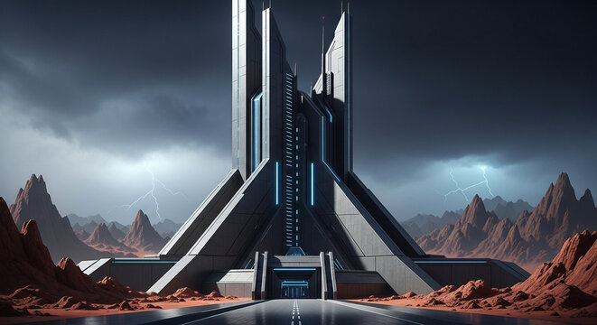 Futuristic outpost on a desolate planet with a stormy sky, featuring advanced architecture and a sense of isolation and exploration in a science fiction setting
