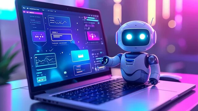 A cute AI robot with glowing blue eyes interacts with a laptop displaying a futuristic data dashboard.