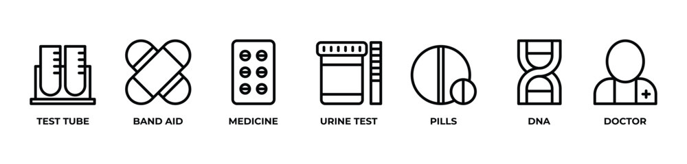 The Science and Care of Modern Medicine  Icons set vector illustration outline with  TEST TUBE, BAND AID, MEDICINE, URINE TEST, PILLS, DNA, DOCTOR