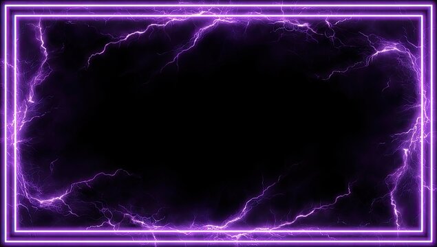 A purple electric rectangular frame against a black background with lightning textures - Powered by Adobe