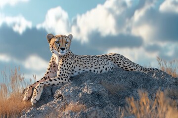 Cheetah resting on a rocky hill with bright skies