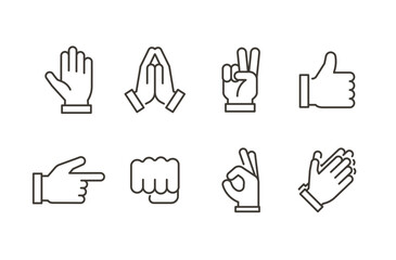 Hand gesture icon set. Thin line vector illustration body gesture communication symbols. Fingers, point, shake, fist, pray, palm, victory sign