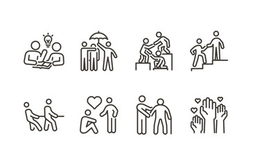 Connection, compassion icon set. Thin line editable stroke icons. Teamwork, social care, empathy, friendship, charity, community support, humanitarian aid, volunteering, and emotional relationship