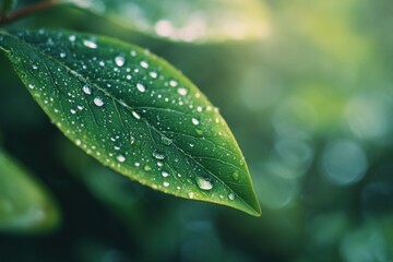 Close up of a green leaf with water droplets in sunlight