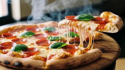 Hot pizza with pepperoni cheese and basil aromatic culinary food