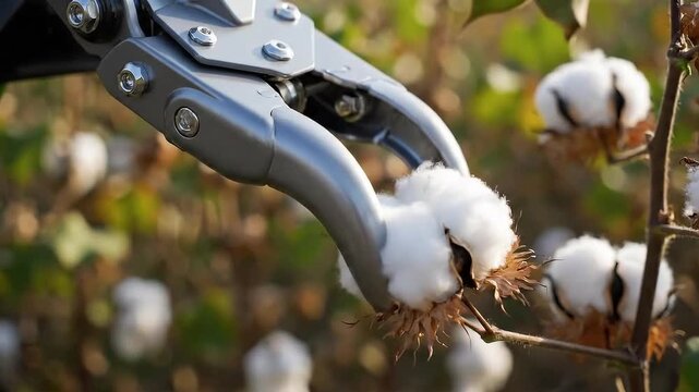 Cotton Picking with Silver Mechanical Harvesting Arm Device Selective Focus on Branch with White Bolls and Brown Seed Fibers on Green and Brown Blur Background Industrial Process Theme