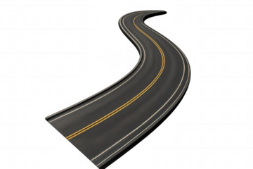 Winding asphalt road with double yellow lines, showing journey, future, and path concepts on transparent background
