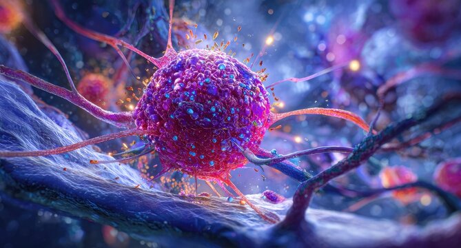 Microscopic view of a cell with radiating tendrils, illuminated by particles