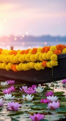Traditional boat decorated with marigold flower garland on lotus lake at pastel sunrise or sunset. Onam celebration in India. Kerala festival concept for travel blog post or celebration banner.
