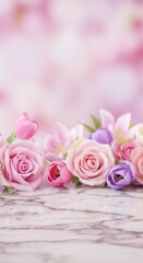 Empty white marble table with bunch of fresh roses for product montage, banner, poster, blog post with copy space for text. Mother's Day, Valentine's Day and weddings.