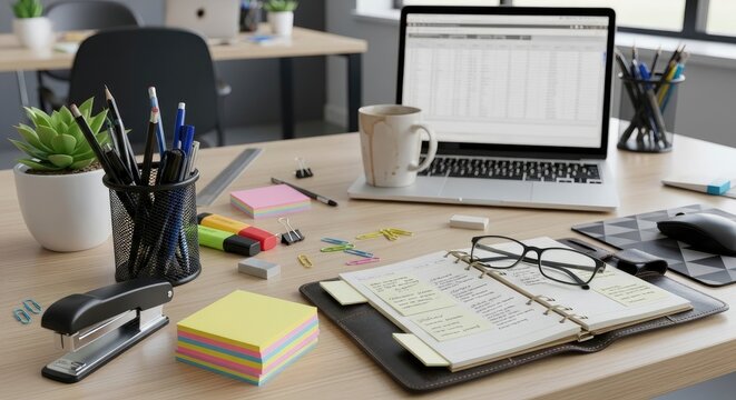 A wooden desk with a laptop coffee mug potted plant various stationery items and eyeglasses in a workspace setting